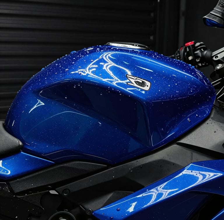 Dramatic close-up of water beading on a freshly polished electric blue motorcycle tank, neon reflections, dark garage backdrop, macro lens, 35mm