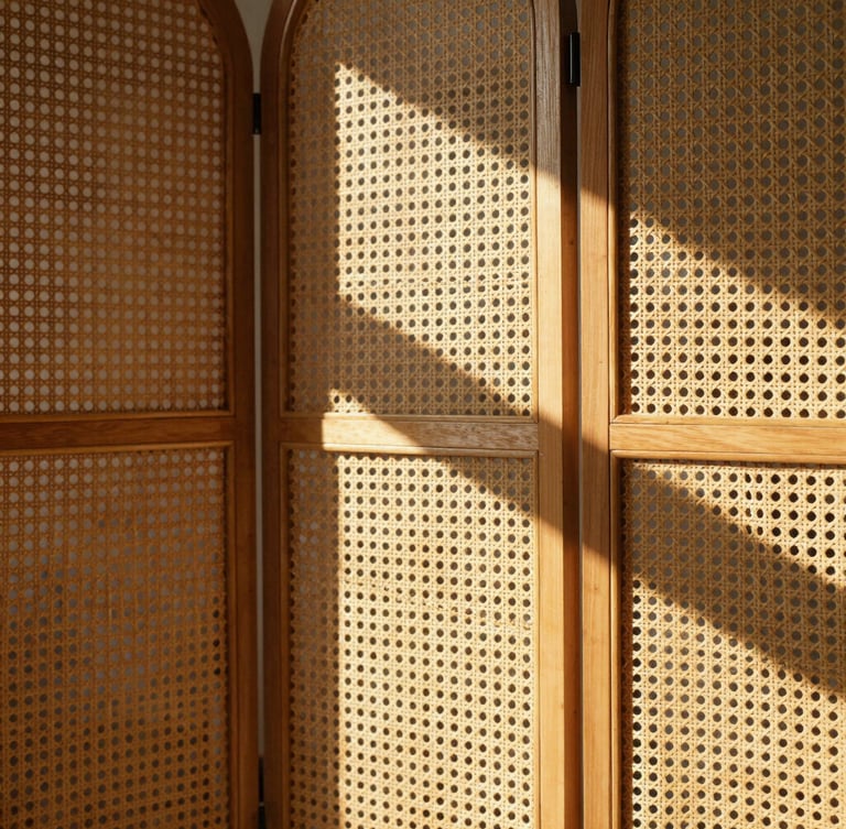 Close-up of a folding woven rattan screen casting graphic geometric shadows in an airy room filled with warm afternoon light, architectural details