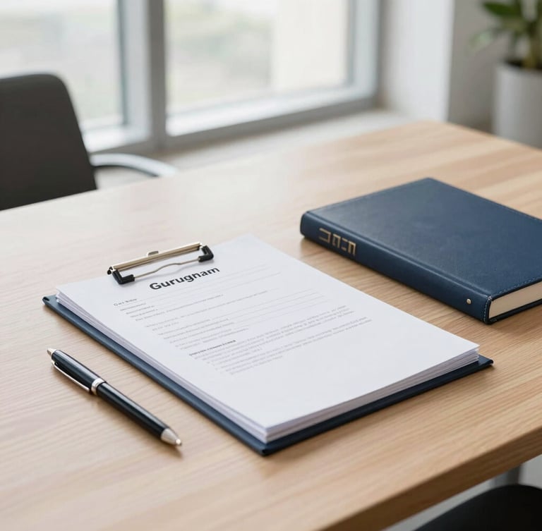 A bright modern office in Gurugram, high-quality legal documents and stationery on a clean wooden table, soft window light, professional 35mm photography.