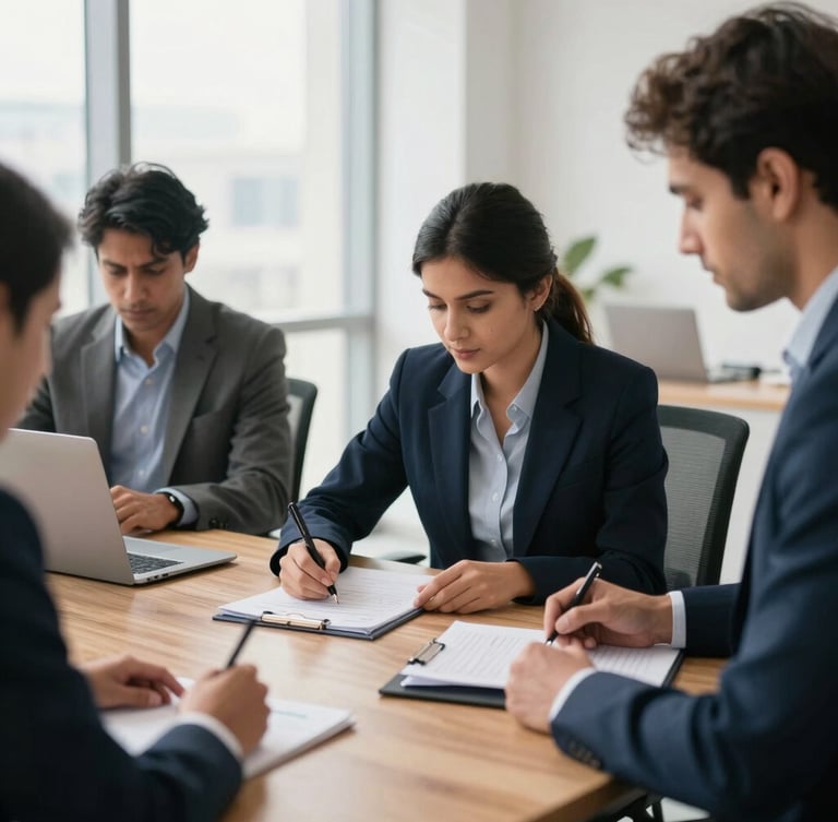 Bright modern office in Gurugram, professional team reviewing financial ledgers on a large wooden table, soft natural window light, 35mm
