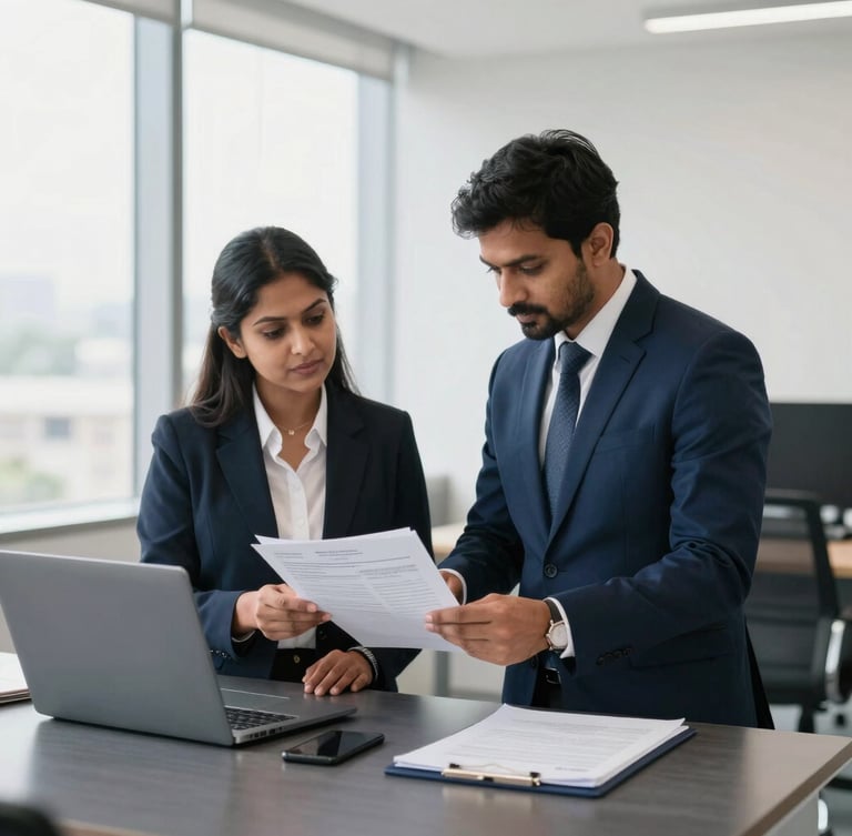 Professional corporate legal experts reviewing structural tax documents in a bright Bengaluru office, natural window lighting, clean navy tones, 35mm.