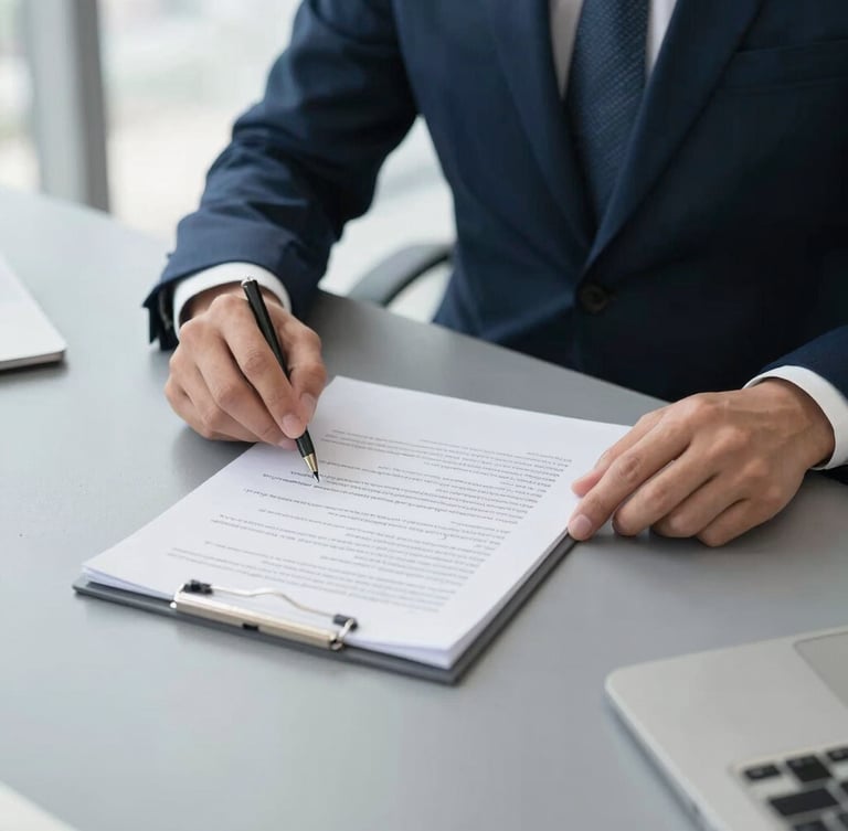 A professional corporate setting with hands reviewing a structured legal document on a slate gray desk, soft natural light, 35mm editorial.