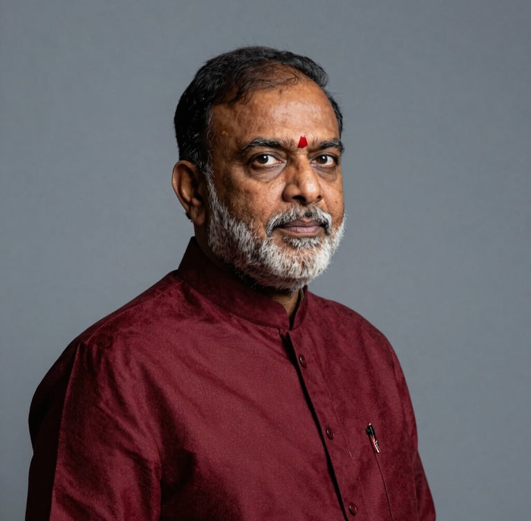 High-contrast editorial portrait of a prominent Indian public figure in motion, dramatic studio lighting, deep crimson and cool gray tones, sharp 35mm lens, negative space on the right.
