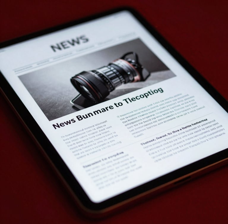 High-contrast editorial close-up of a tablet displaying a crisp digital news layout, dramatic studio lighting with deep crimson shadows, sharp 35mm focus