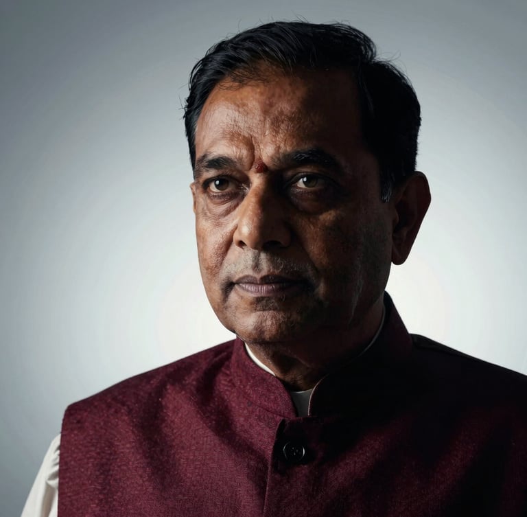 A high-contrast dramatic portrait of a distinguished Indian public figure in deep shadow, cool-toned backlighting, sharp 35mm lens, editorial style