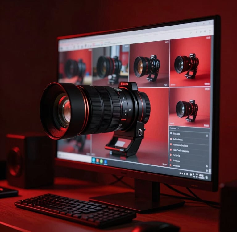 High-contrast editorial photography of a modern Indian digital newsroom monitor displaying live feeds, deep crimson backlighting, sharp 35mm lens