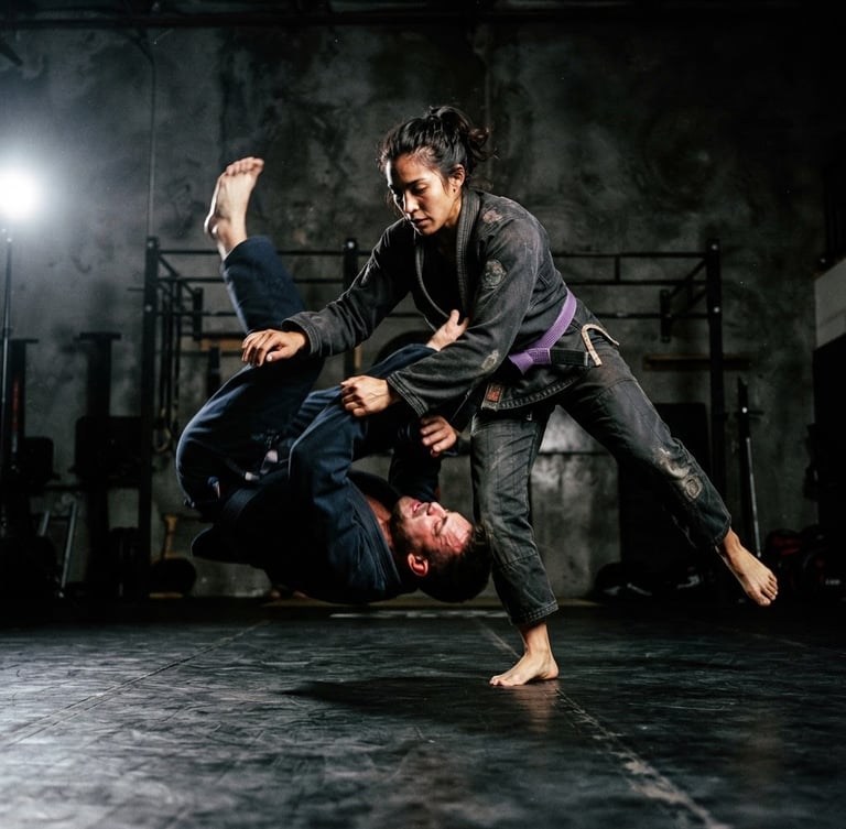 Low-angle dynamic action shot of a BJJ athlete in a dark charcoal gi, dramatic high-contrast studio key light, deep shadows, dark technical concrete background, 50mm lens