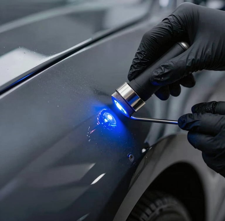 A close-up of hands in black nitrile gloves applying ceramic coating to a glossy dark fender, sharp focus on the leveling line under blue LED inspection lights, 35mm macro