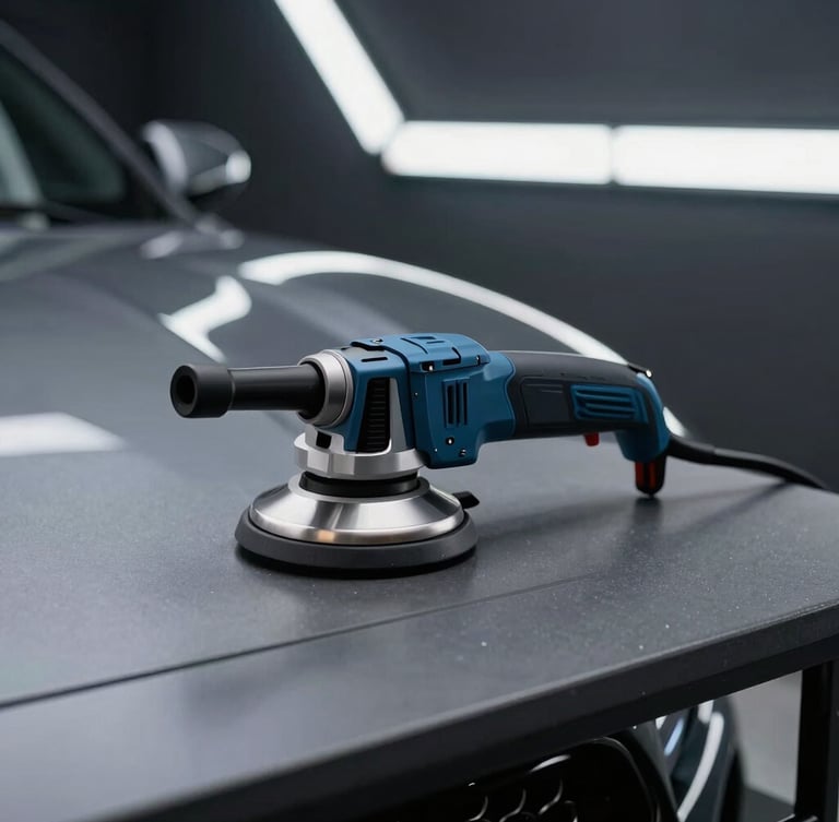 A clean modern detailing bay with a dual-action polisher resting on a graphite workbench, sharp reflections of LED inspection lights on a polished hood, 35mm