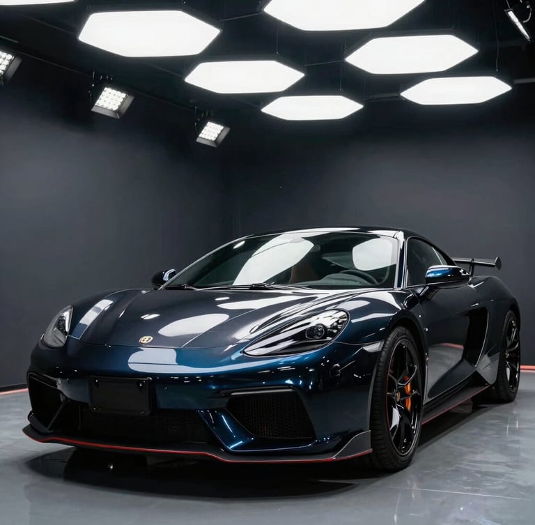 A professional automotive creator filming a glossy black sports car in a modern detailing bay under bright overhead LED hex-lights, sharp reflections, high-contrast studio lighting