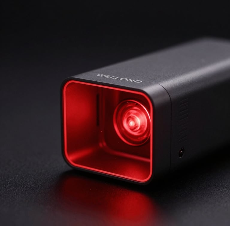 Macro depth of field product photography of a sleek matte-finished WELLOND device emitting a sharp, vibrant red clinical light glow in a dark minimalist studio.