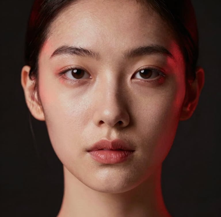 Close-up portrait of a subject with flawless skin texture under a sharp crimson light glow, dark minimalist studio, clinical depth of field.