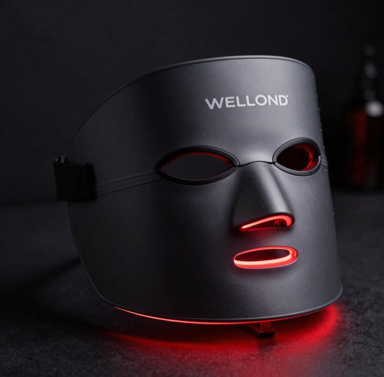Macro product photography of a sleek matte-black WELLOND flexible light therapy mask active with a sharp crimson LED glow, dark clinical studio setting, shallow depth of field.
