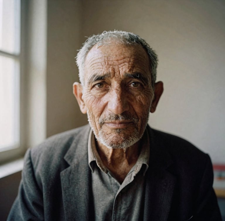Intimate portrait of a Wakhi elder with direct eye contact, soft natural window light illuminating weathered features, documentary film photography, muted earth tones, 35mm lens.