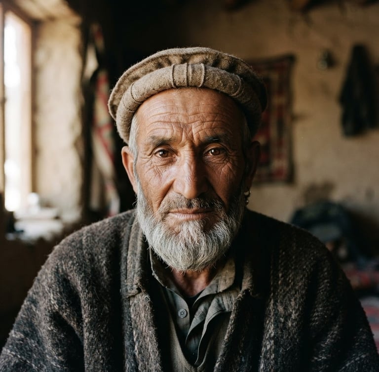 A quiet, respectful close-up portrait of a Wakhi elder with deep-lined eyes looking directly into the camera, soft natural side lighting from a window, muted earth tones, documentary 35mm film style.