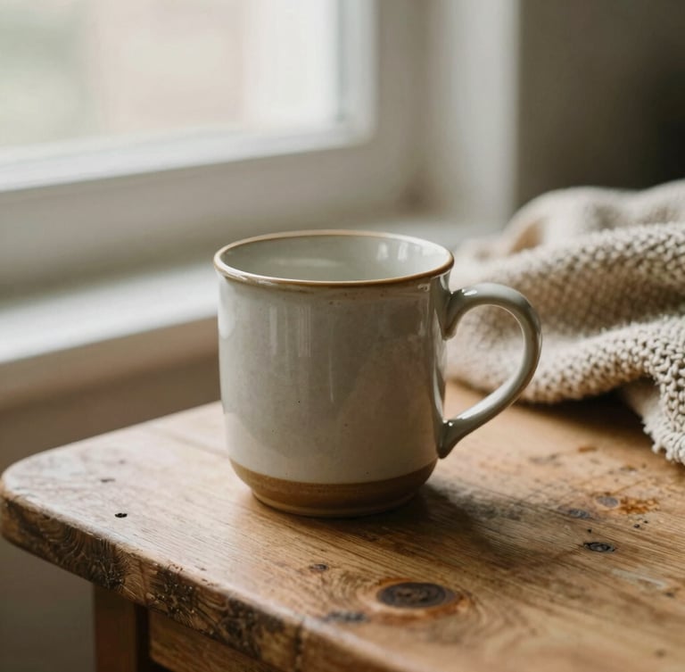 Close-up of a warm ceramic mug sitting on a rustic wooden table next to a woven blanket, soft indirect window light, shallow depth of field, warm earth tones