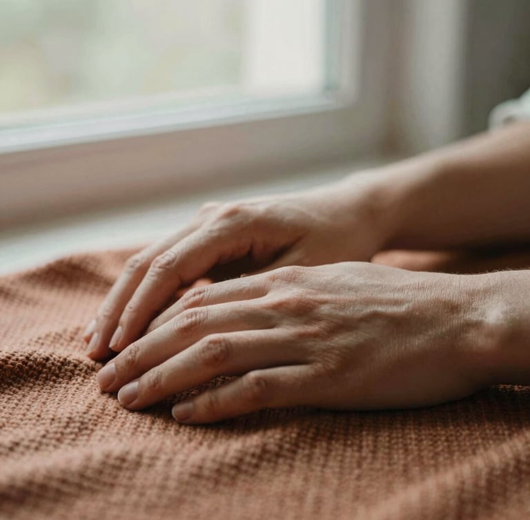 A close-up of two hands resting near each other on a warm woven blanket, soft morning window light, shallow depth of field, muted terracotta and sage tones