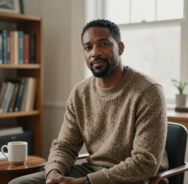 Medium environmental portrait of Marcus Vance, an approachable male therapist in his 40s wearing a warm knit sweater, sitting in a naturally lit office with a wooden bookshelf and a ceramic mug on the side table, soft window daylight, muted earth tones, shallow depth of field.