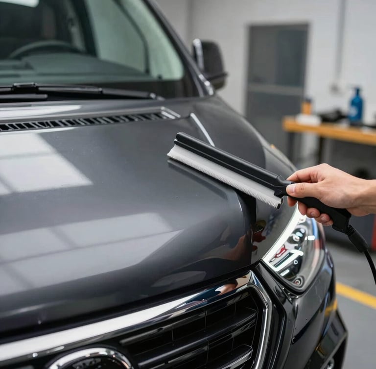 Close-up of a high-contrast vinyl wrap being meticulously applied to a black utility van, workshop background, sharp focus on the squeegee edge