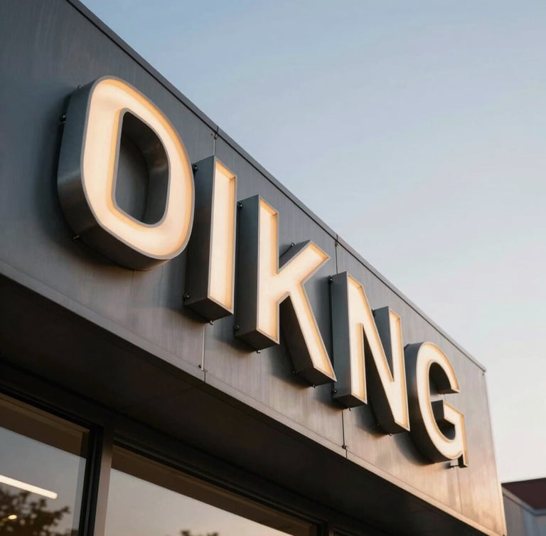Dynamic low-angle shot of a large metal storefront sign with laser-cut steel letters, glowing subtly under warm dusk light