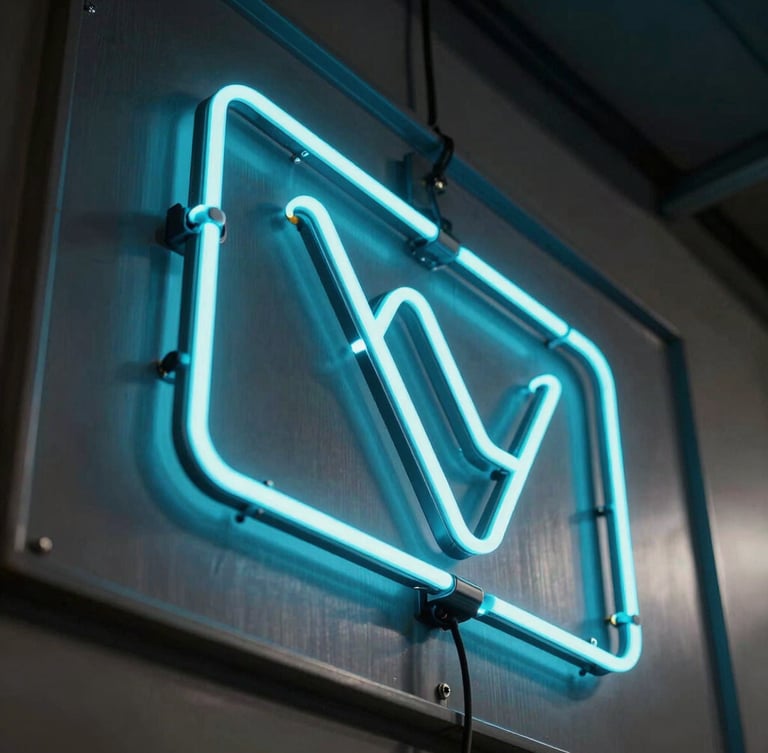 Dynamic low-angle shot of a glowing electric-cyan neon sign being mounted on a dark metal facade, dramatic workshop lighting, sharp focus on craftsmanship