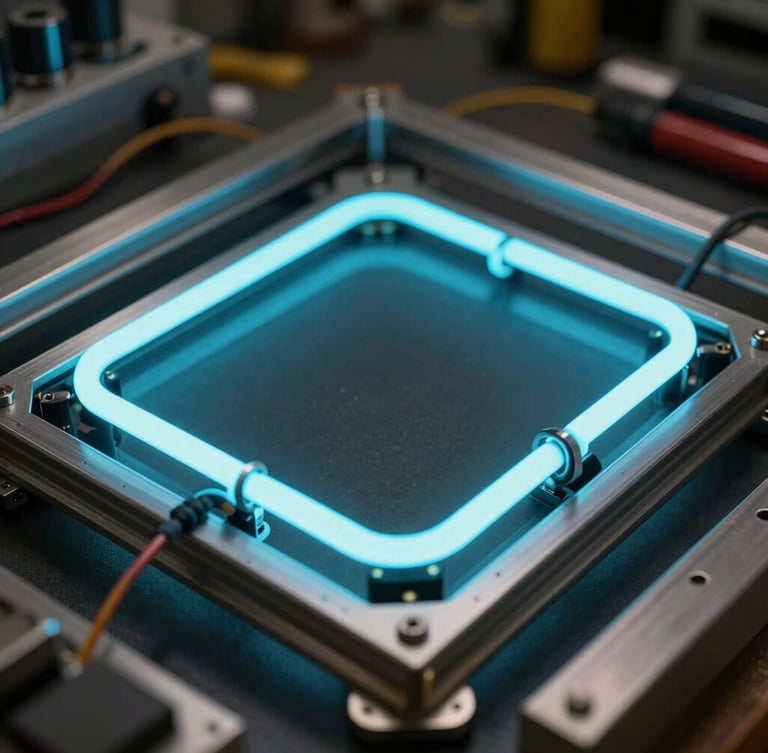 Macro shot of an electric cyan neon sign being carefully assembled in a dark technical workshop, metallic frames, visible wiring, high-contrast industrial lighting