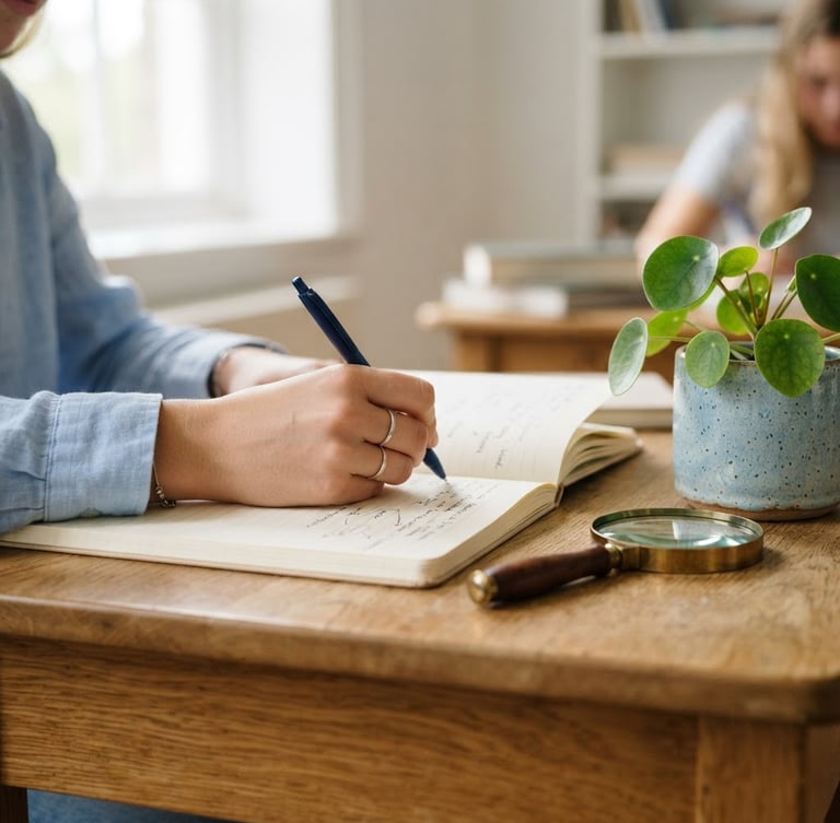 Close-up of a student's hand writing in a clean notebook next to a magnifying glass and a small potted plant, soft natural window light, bright editorial photography style.