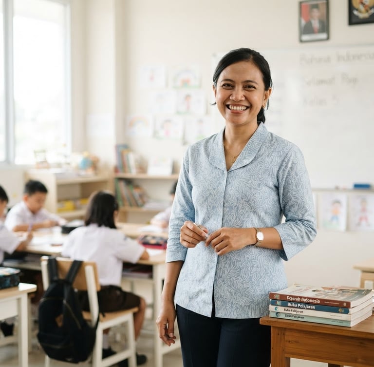 Bright editorial portrait of a friendly female Indonesian teacher, warm smile, natural classroom daylight, clean neutral background, 35mm lens