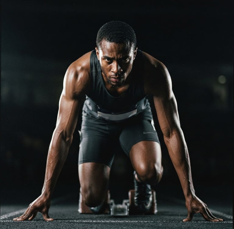 Dramatic low-key sports photography of an athlete in intense focus before a race, sharp rim lights, deep charcoal background, 35mm.