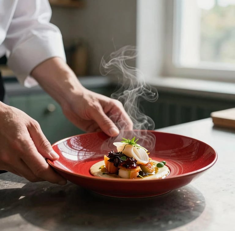 Hands of a chef plating a delicate dish in a sunlit Scandinavian-style kitchen, steam rising, rich crimson accents, shallow depth of field, 35mm