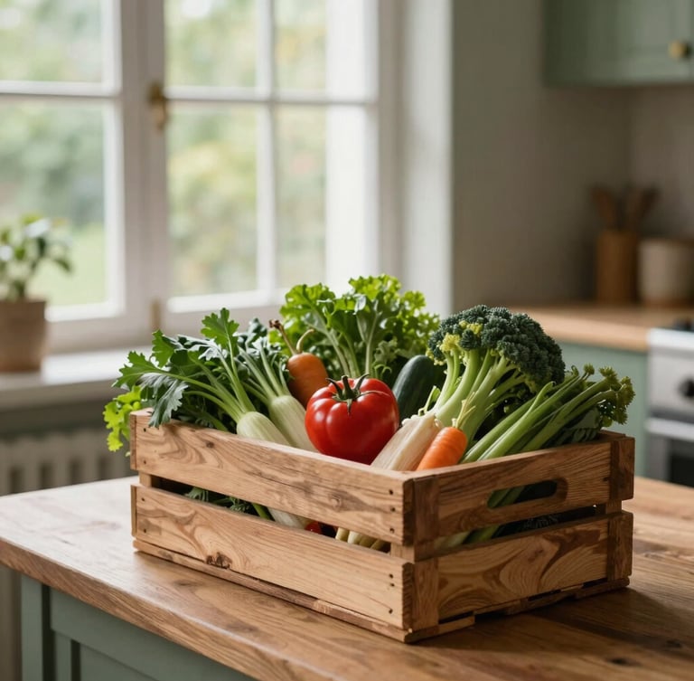 Cozy Scandinavian-style kitchen table with a rustic wooden crate overflowing with fresh seasonal vegetables, soft side-lit window light, rich forest green tones, 35mm