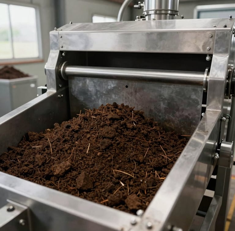 Commercial organic compost screening facility, clean stainless steel machinery processing dark organic soil, soft natural overcast daylight