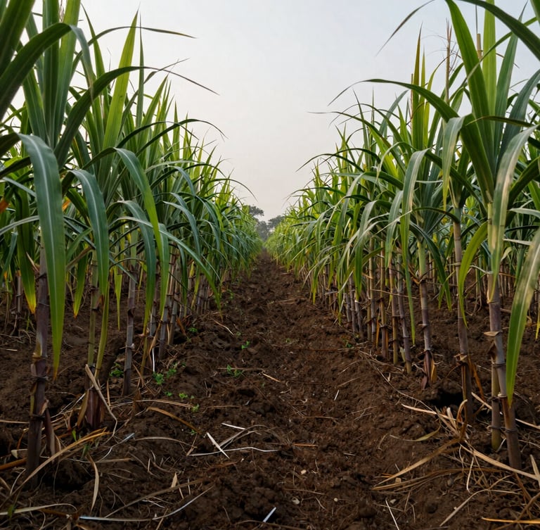 Wide-angle panoramic shot of a thriving commercial sugarcane plantation in Maharashtra during early morning overcast light, showing deep green foliage and rich, dark loam soil visible between rows.