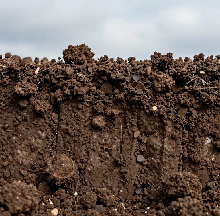 Macro photograph of deep loam soil structure with visible organic humus particles, natural overcast daylight, high-contrast texture.