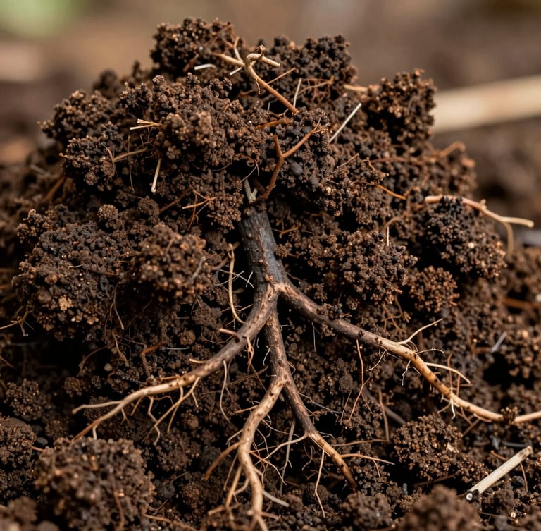 Macro photograph of rich, dark, crumbly soil structure showing healthy deep root systems and organic matter under soft morning light.