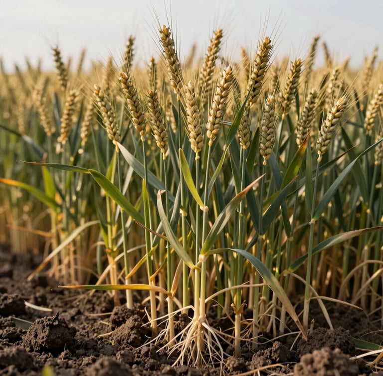 A close-up, low-angle shot of a thriving commercial wheat field in early morning light, showcasing robust root systems and rich, dark soil crumb structure in the foreground.