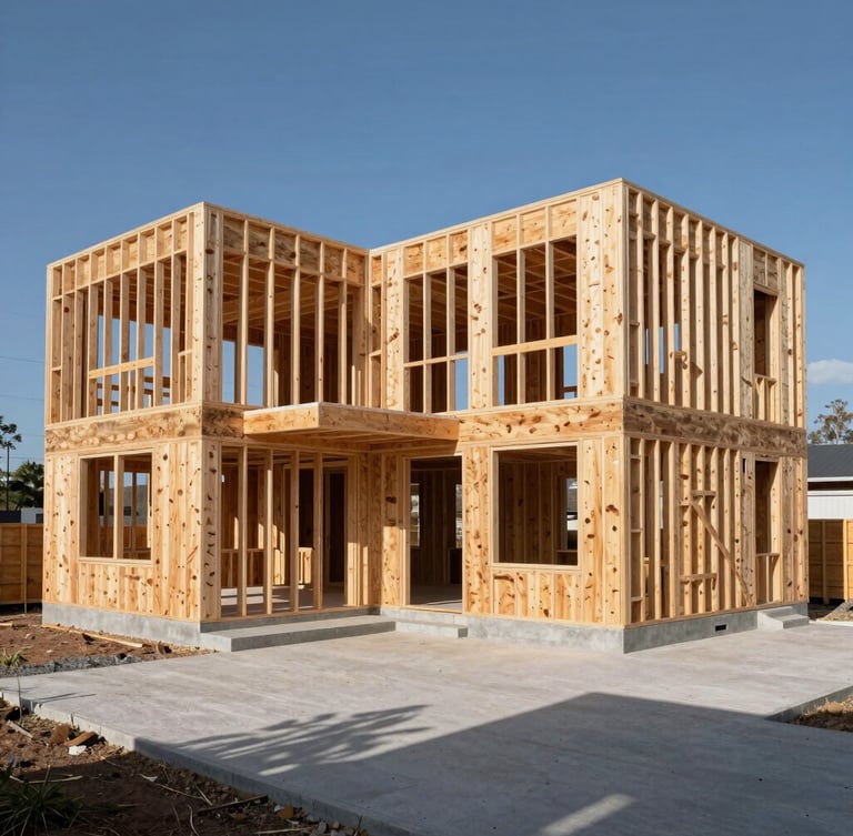 Wide-angle architectural shot of a modern custom home under construction, raw Douglas fir timber framing exposed against high-contrast daylight, sharp shadows.