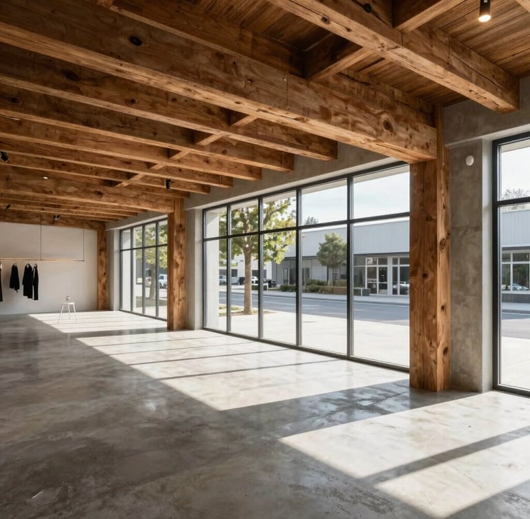 Sharp architectural photography of a modern retail store interior, raw concrete floor, exposed structural timber beams overhead, natural daylight streaming through large front windows, high contrast shadows.