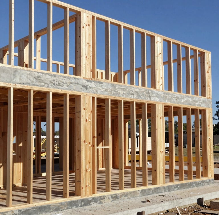 High-contrast architectural photography of raw Douglas fir timber framing of a house under construction, sunlight casting dramatic shadows through the open structure.