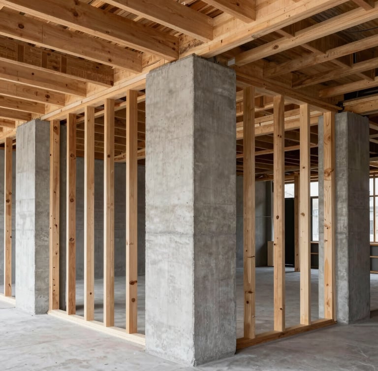 Sharp architectural shot of raw timber framing and heavy concrete pillars inside a bespoke retail store under construction, high contrast