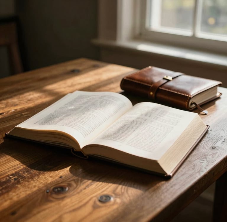 A quiet, high-end study with natural light pouring through a window onto a heavy oak table, open scriptures, and a leather journal, deep shadows and golden highlights.