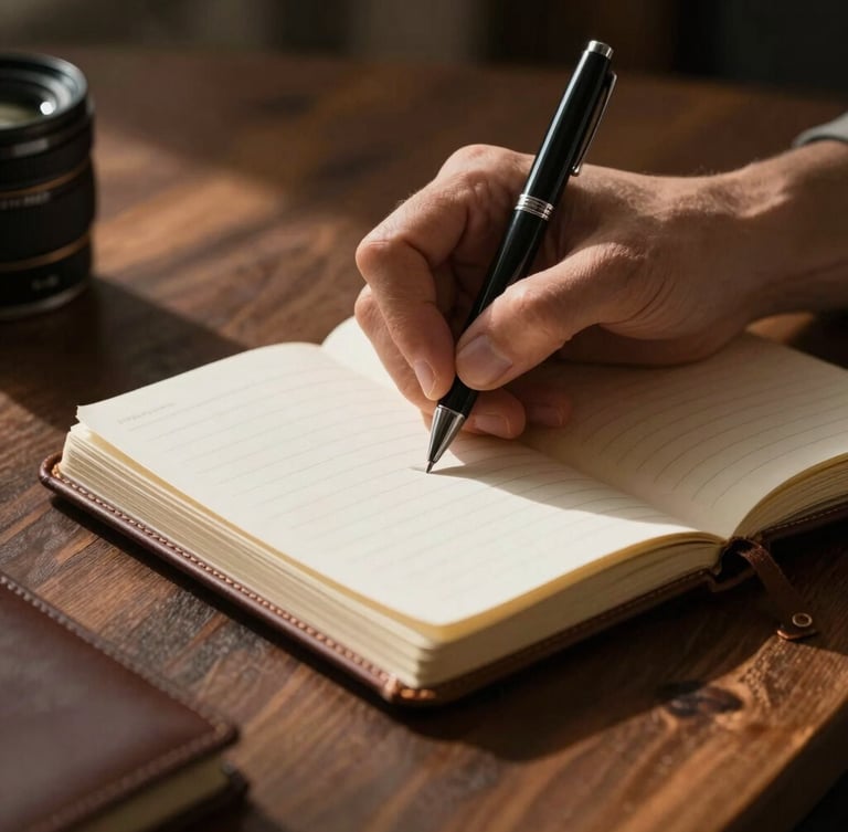 Close-up of hands writing with a pen in a leather journal on a dark oak desk, warm directional light casting deep shadows.