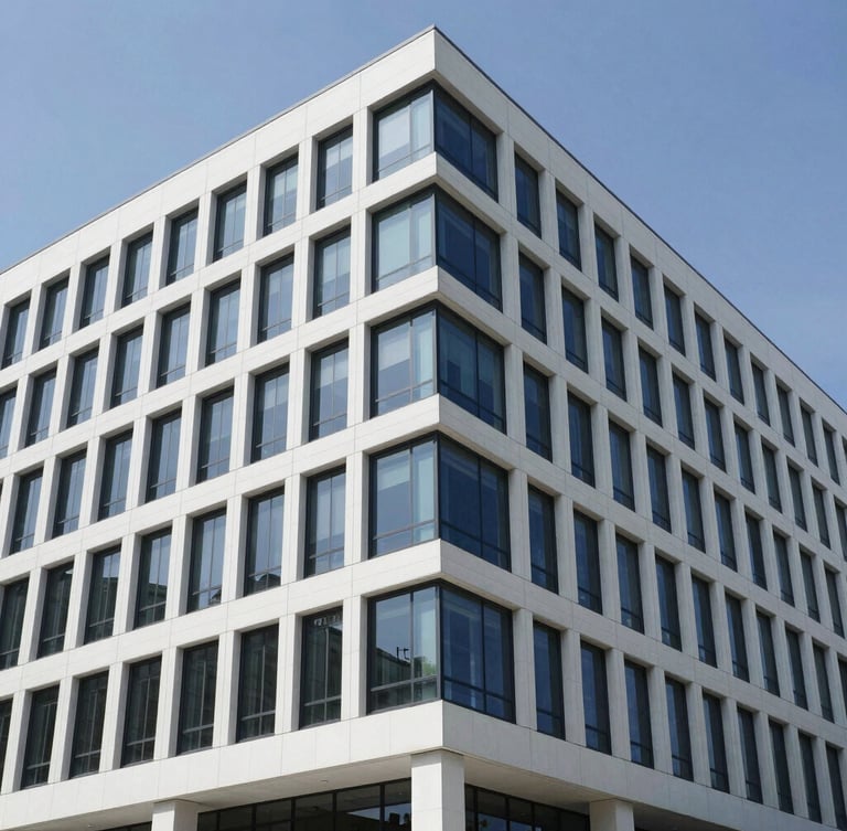 Wide architectural angle of a modern financial institution facade, clean lines, sharp high-contrast corporate lighting with defined shadows.