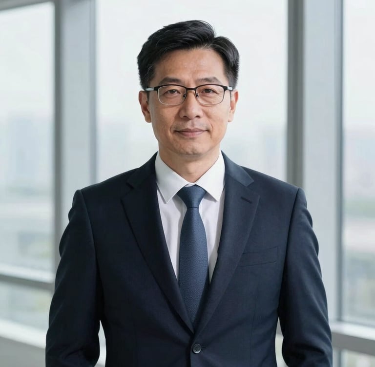 Formal corporate portrait of a seasoned financial consultant in a dark navy suit, cool window daylight, clean structured background, sharp focus, 50mm lens