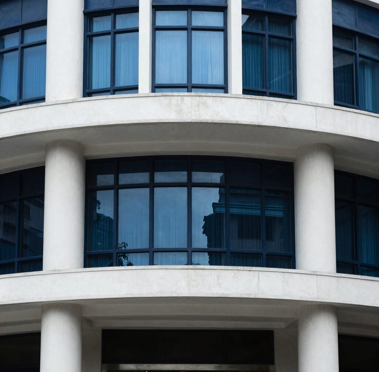 Architectural detail of a grand cooperative bank building in Maharashtra, structured concrete pillars, cool window daylight, deep navy tones, sharp focus.