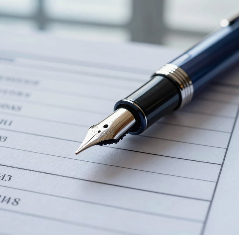 Macro shot of an elegant fountain pen resting on structured financial ledgers, cool window daylight, sharp focus on ink lines