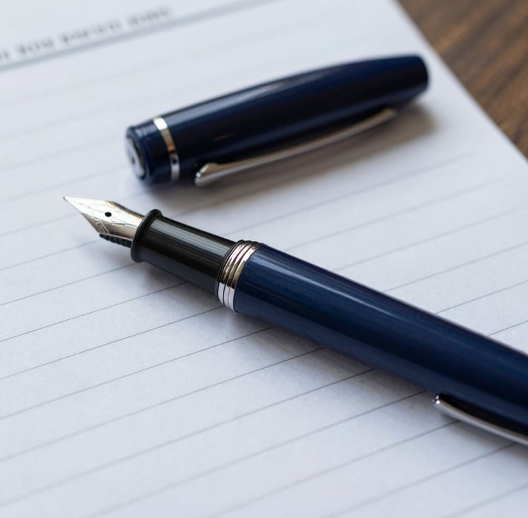 Macro shot of a classic fountain pen resting on structured ledger documents, cool daylight, deep navy tones, sharp focus