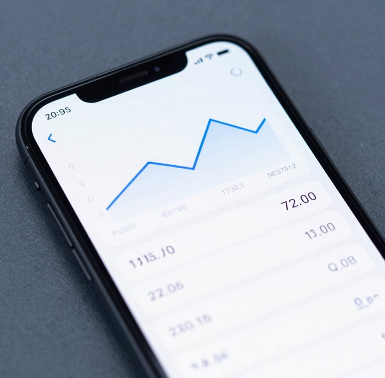 Macro shot of a high-fidelity Android device mockup displaying a clean, structured financial dashboard under cool blue studio lighting, sharp focus, macro lens