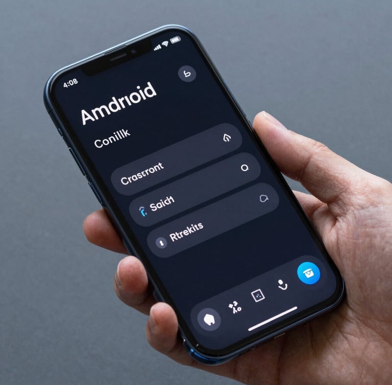 Macro studio shot of a modern Android phone held in hand, showing a beautifully structured dashboard with clean typography and electric blue accents, cool slate background, sharp focus.