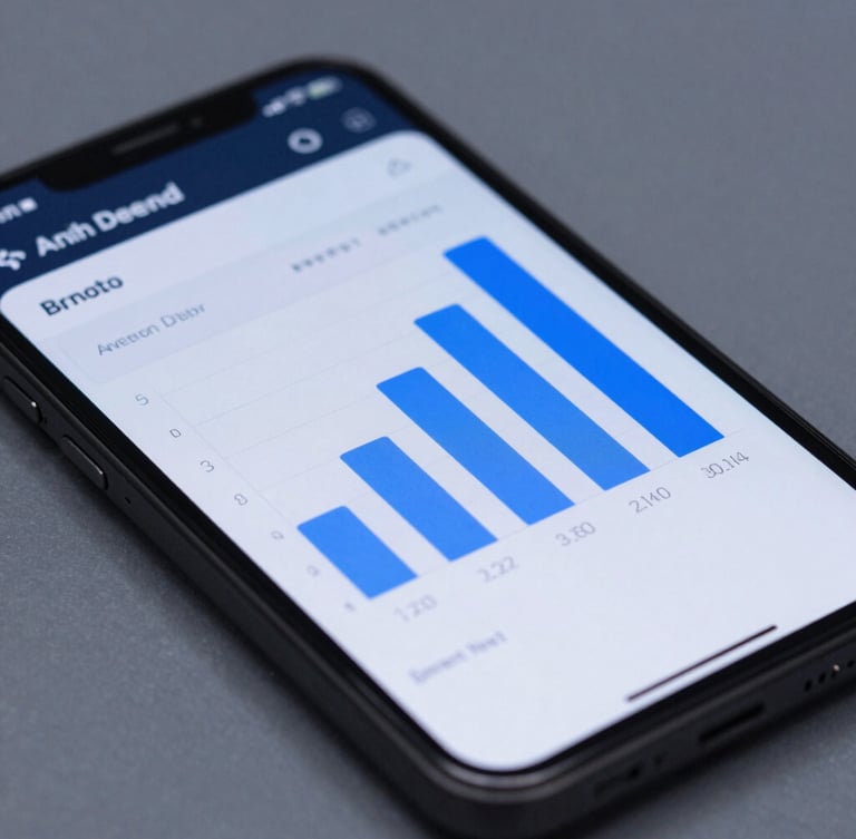 Macro shot of a high-fidelity Android device mockup displaying a clean, dark-themed financial interface with blue graphs under cool studio lighting